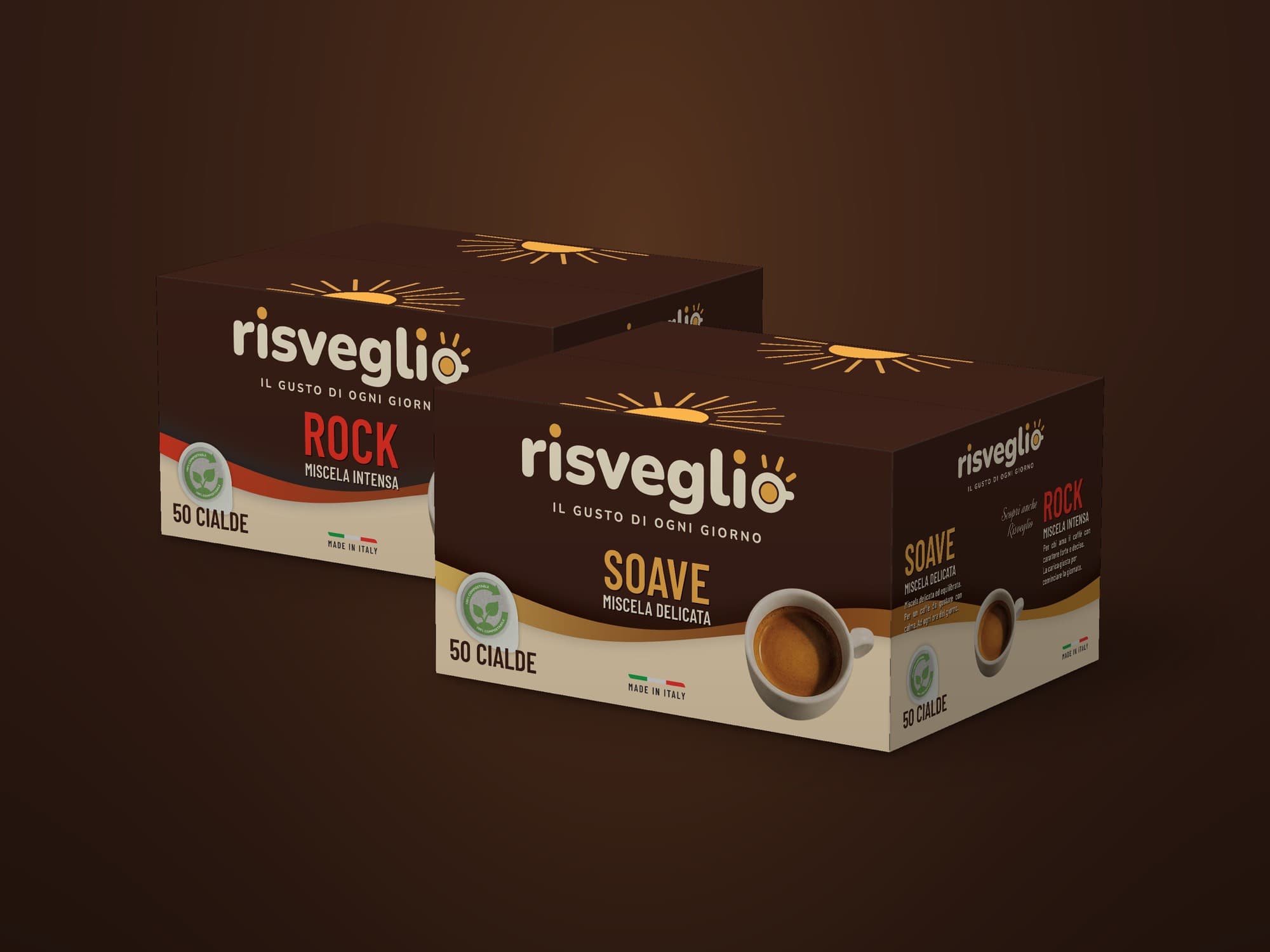 Le scatole da 50 cialde Risveglio, miscela Rock e miscela Soave, su fondo color caffè